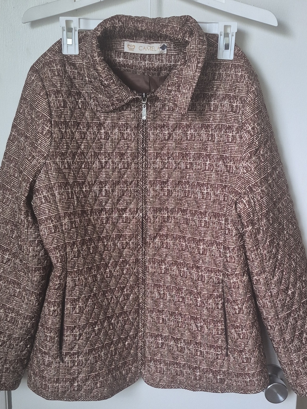 CAMELA Women’s Brown Skirt Suit Full Zip Lined Geometric Size M